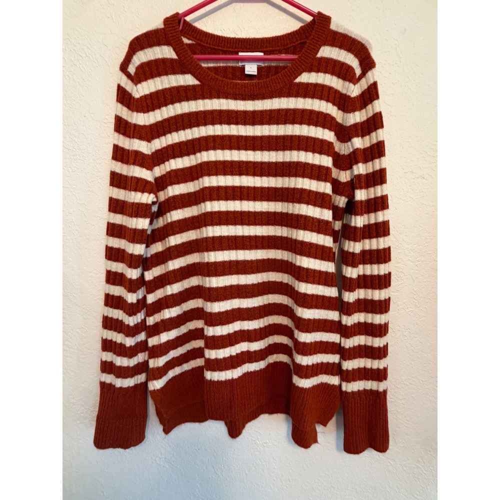 Old Navy Womens Rust Orange Cream Striped Ribbed Knit Crewneck Sweater Large